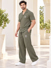 T.T. Men Poly Jacquard Co-Ord Set |Relaxed Fit| Short Sleeve Button-Down Shirt & Wide-Leg Trousers | Resort Collar | Drawstring Waist -Green