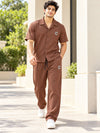 T.T. Men Poly Jacquard Co-Ord Set |Relaxed Fit| Short Sleeve Button-Down Shirt & Wide-Leg Trousers | Resort Collar | Drawstring Waist -Brown
