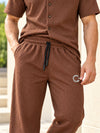 T.T. Men Poly Jacquard Co-Ord Set |Relaxed Fit| Short Sleeve Button-Down Shirt & Wide-Leg Trousers | Resort Collar | Drawstring Waist -Brown
