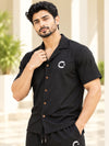 T.T. Men Poly Jacquard Co-Ord Set |Relaxed Fit| Short Sleeve Button-Down Shirt & Wide-Leg Trousers | Resort Collar | Drawstring Waist -Black