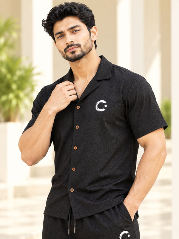 T.T. Men Poly Jacquard Co-Ord Set |Relaxed Fit| Short Sleeve Button-Down Shirt & Wide-Leg Trousers | Resort Collar | Drawstring Waist -Black