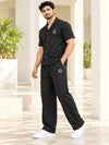 T.T. Men Poly Jacquard Co-Ord Set |Relaxed Fit| Short Sleeve Button-Down Shirt & Wide-Leg Trousers | Resort Collar | Drawstring Waist -Black
