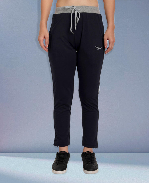HiFlyers Women Comfort Fit Navy Solid Pure Cotton Track Pants
