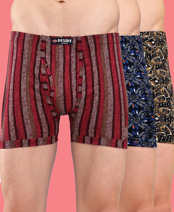 T.T. Men Desire Super Combed Cotton Printed Snug Fit Long Trunks For Men Pack Of 3 D.Brown-Navy-Maroon