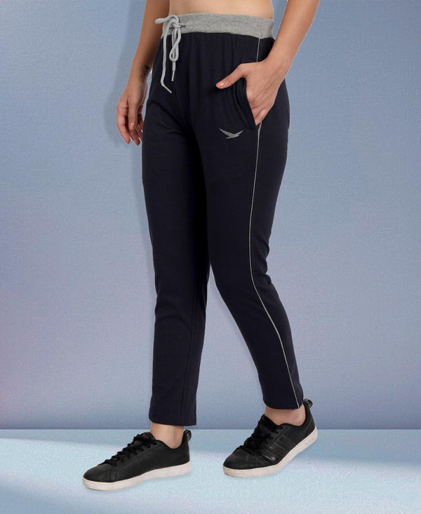 HiFlyers Women Comfort Fit Navy Solid Pure Cotton Track Pants