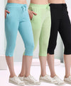 T.T. Women Regular Fit Poly Jersey Solid Capri Pack Of 3-Black-Green-Turquoise