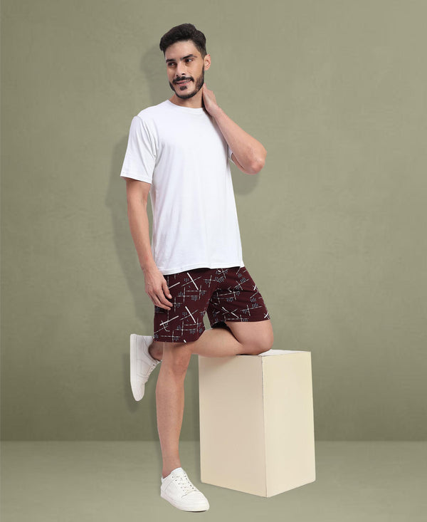 T.T. Men Regular Fit Cotton Polyster Printed Short With Zip Pocket Pack Of 1-Maroon