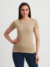 T.T. Women Solid Regular Fit Poly Round Neck Tshirts -Beige