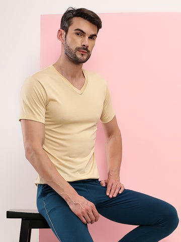 T.T Mens Regular Fit  Poly Jersey V-Neck Half Sleeve T-Shirt-Ivory