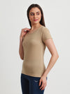 T.T. Women Solid Regular Fit Poly Round Neck Tshirts -Beige