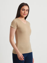 T.T. Women Solid Regular Fit Poly Round Neck Tshirts -Beige