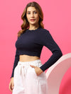 T.T. Women|Slim Fit Ribbed Top|Stretchable Cotton Rib Fabric| Trendy High Street Casual & Office Wear Full Sleeve Crop Tee|Desire Rib Tshirt For Women||Navy