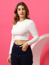 T.T. Women|Slim Fit Ribbed Top|Stretchable Cotton Rib Fabric| Trendy High Street Casual & Office Wear Full Sleeve Crop Tee|Desire Rib Tshirt For Women||White