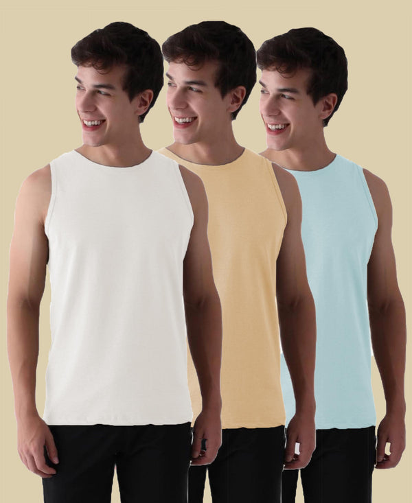 Almo Men’S Cotton Vest|Premium Melange Cotton|Regular Fit|Soft, Breathable, Fade-Resistant | Anti-Bacterial & Lightweight | Ideal For Gym/Sports Activities|Pack Of 3|White::Tan::Ice