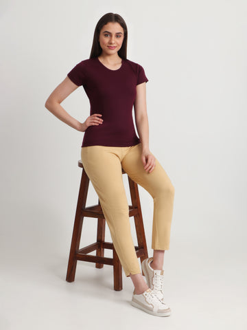 T.T. Women Solid Regular Fit Poly Round Neck Tshirts -Wine