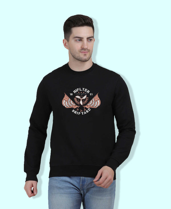 Hiflyers Men|Regular Fit|Chest Printed Cotton Fleece|Soft Stylish Casual Winter Wear Sweatshirt|Black-P3