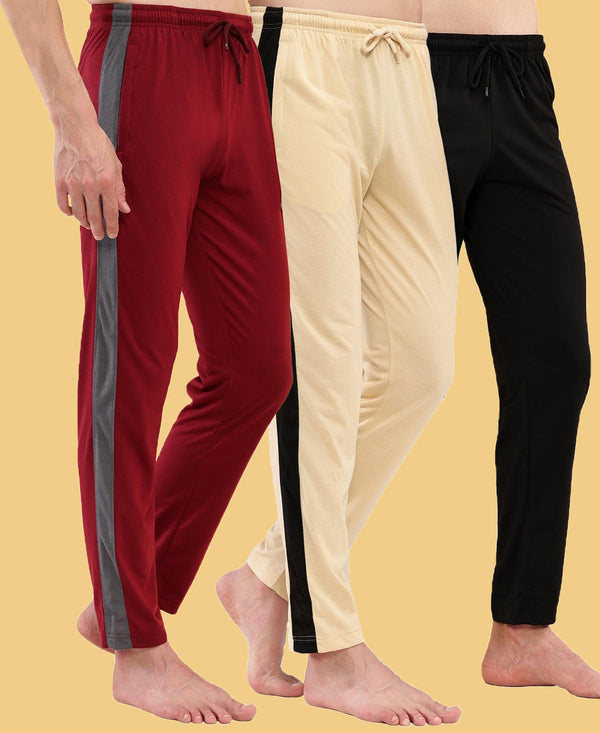 T.T. Men Regular Fit Poly Jersey Cut And Sew Trackpant Pack Of 3-Black-Maroon-Skin