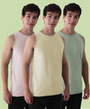 Almo Men’S Cotton Vest|Premium Melange Cotton|Regular Fit|Soft, Breathable, Fade-Resistant | Anti-Bacterial & Lightweight | Ideal For Gym/Sports Activities|Pack Of 3|Green::Tan::Peach