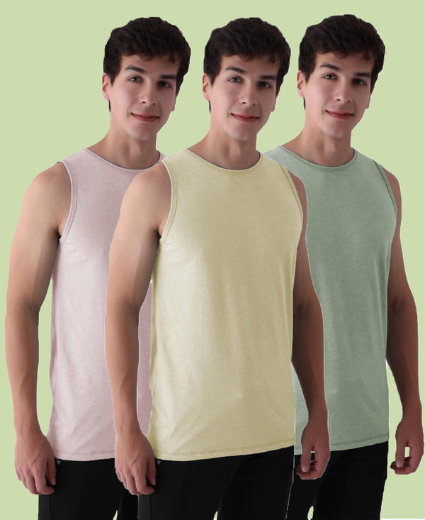 Almo Men’S Cotton Vest|Premium Melange Cotton|Regular Fit|Soft, Breathable, Fade-Resistant | Anti-Bacterial & Lightweight | Ideal For Gym/Sports Activities|Pack Of 3|Green::Tan::Peach
