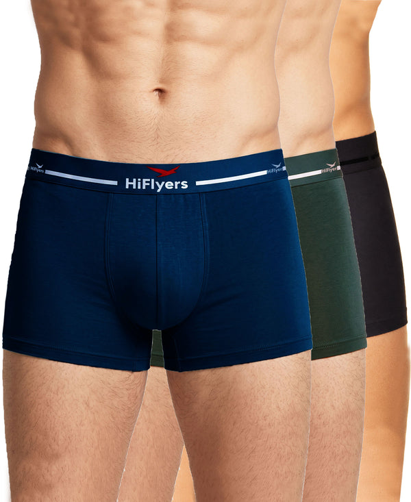 Hiflyers Men|Soft Breathable Odour-Free Micro Modal With Spandex Fabric|Regular Fit|Luxurious All-Day Innerwear Trunk|Pack Of 3|Navy,Olive,Grey