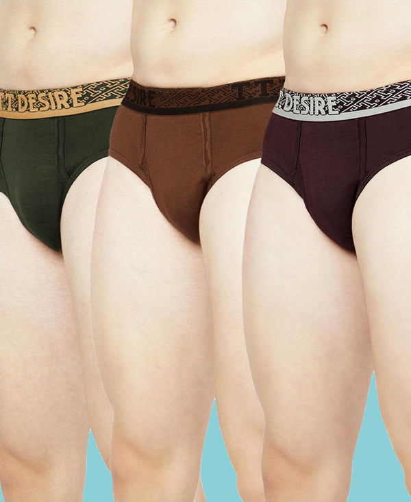 T.T. Mens Desire 100% Combed Cotton Front Open Brief Top Elastic Pack Of 3 Olive-Brown-D Brown