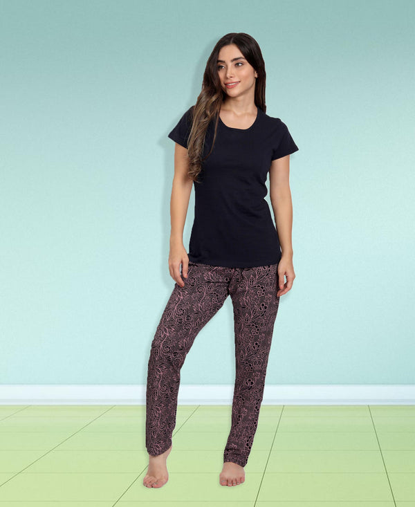 HiFlyers Women Comfort Fit Black & Floral Pink Printed Cotton Pyjama