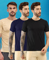 T.T. Men Slim Fit Poly Jersey Round Neck Half Sleeve T-Shirt Pack Of 3 Black-Navy-Skin