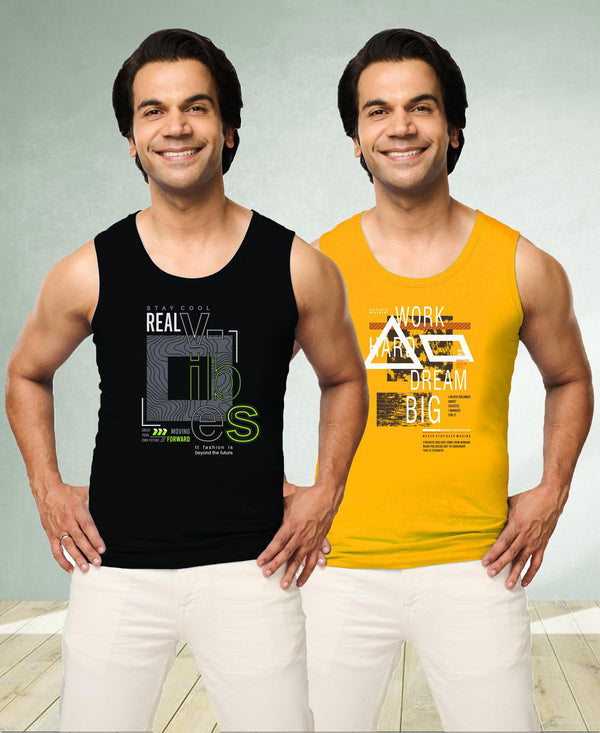 T.T. Men|Cool Tees|100% Cotton|Printed| Regular Fit |Round Neck Muscle Tshirts|Pack Of 2|Orange::Black