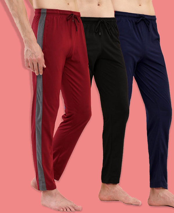T.T. Men Regular Fit Poly Jersey Cut And Sew Trackpant Pack Of 3-Black-Maroon-Navy