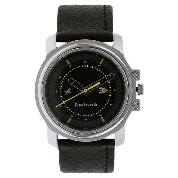 Quartz Analog Black Dial Leather Strap Watch for Guys