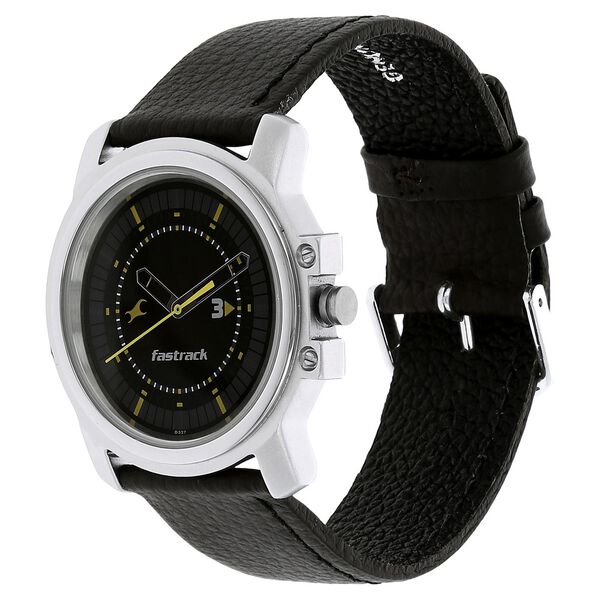 Quartz Analog Black Dial Leather Strap Watch for Guys