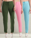 T.T. Women Regular Fit Poly Jersey Solid Trackpant Pack Of 3-Olive-Pink-Turquoise
