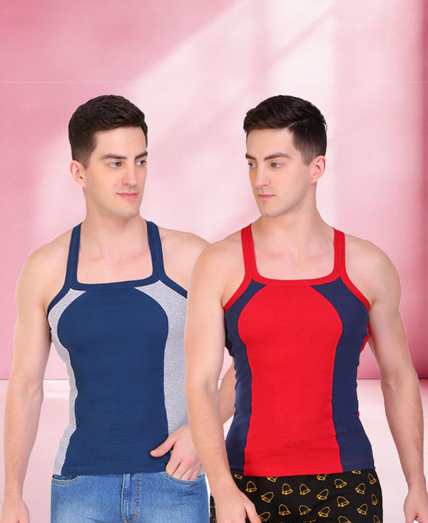 T.T. Men DesignerGym Vest Pack Of 2 Blue-Grey -Red-Blue