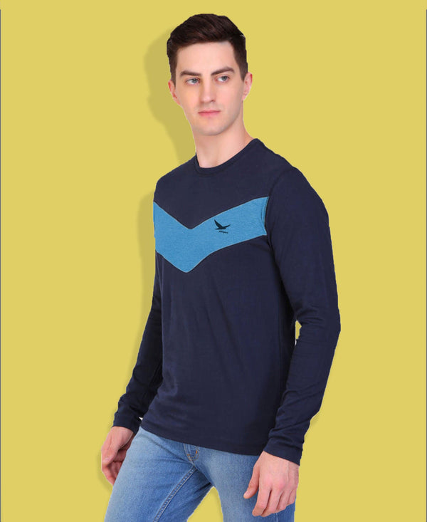 HiFlyers Men Round Neck Full Sleeve Cut & Sew Navy-Sky Blue T-Shirt