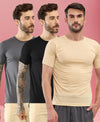 T.T. Men Slim Fit Poly Jersey Round Neck Half Sleeve T-Shirt Pack Of 3 Anthra-Black-Skin