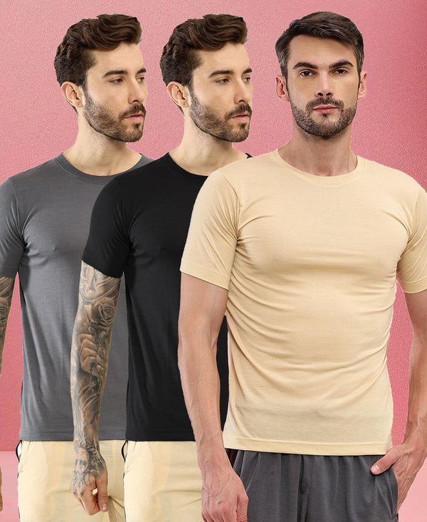 T.T. Men Slim Fit Poly Jersey Round Neck Half Sleeve T-Shirt Pack Of 3 Anthra-Black-Skin