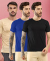 T.T. Men Slim Fit Poly Jersey Round Neck Half Sleeve T-Shirt Pack Of 3 Black-Royal Blue-Skin
