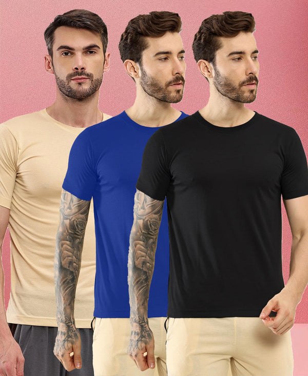 T.T. Men Slim Fit Poly Jersey Round Neck Half Sleeve T-Shirt Pack Of 3 Black-Royal Blue-Skin