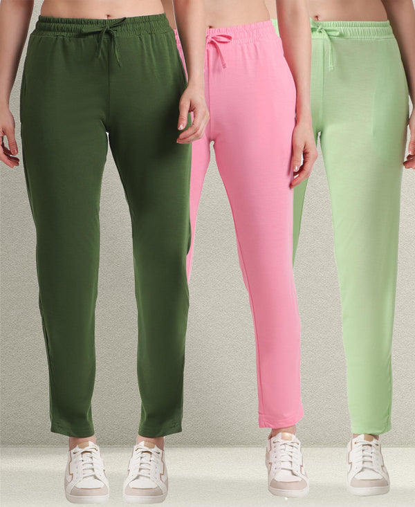 T.T. Women Regular Fit Poly Jersey Solid Trackpant Pack Of 3-Green-Olive-Pink