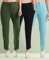 T.T. Women Regular Fit Poly Jersey Solid Trackpant Pack Of 3-Black-Olive-Turquoise