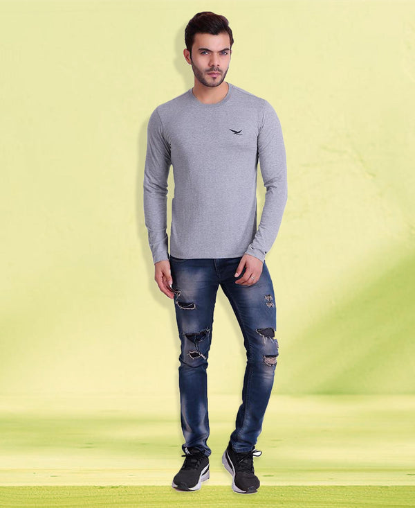 HiFlyers Men Round Neck Full Sleeve Solid Grey T-Shirt