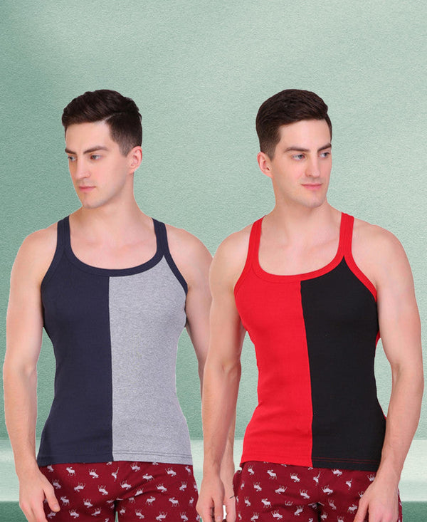T.T. Men DesignerGym Vest Pack Of 2 Red-Black -Blue-Grey