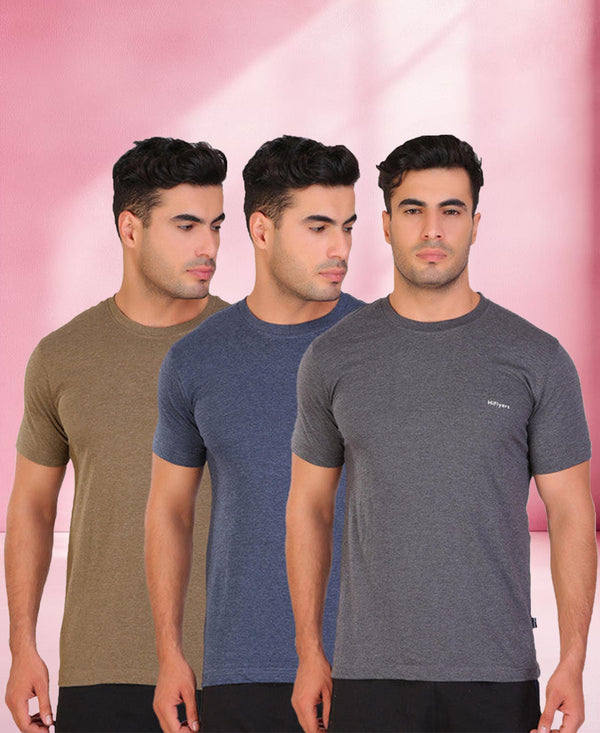 HiFlyers Men Slim Fit Pack Of 3 Premium Rn T-Shirt Anthra -Blue -Olive