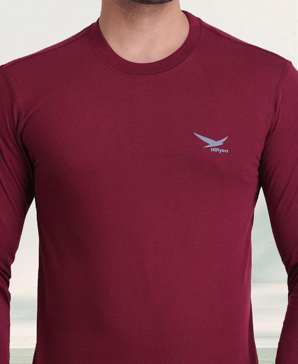 HiFlyers Men Round Neck Full Sleeve Solid Maroon T-Shirt