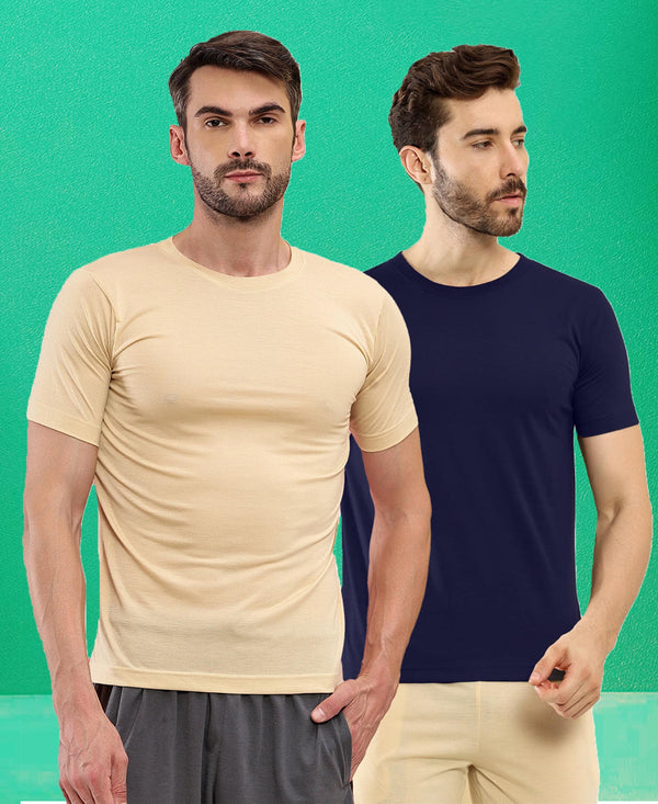 T.T. Men Slim Fit Poly Jersey Round Neck Half Sleeve T-Shirt Pack Of 2 Navy-Skin