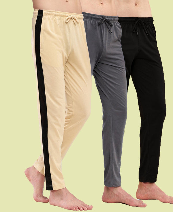 T.T. Men Regular Fit Poly Jersey Cut And Sew Trackpant Pack Of 3-Black-Grey-Skin