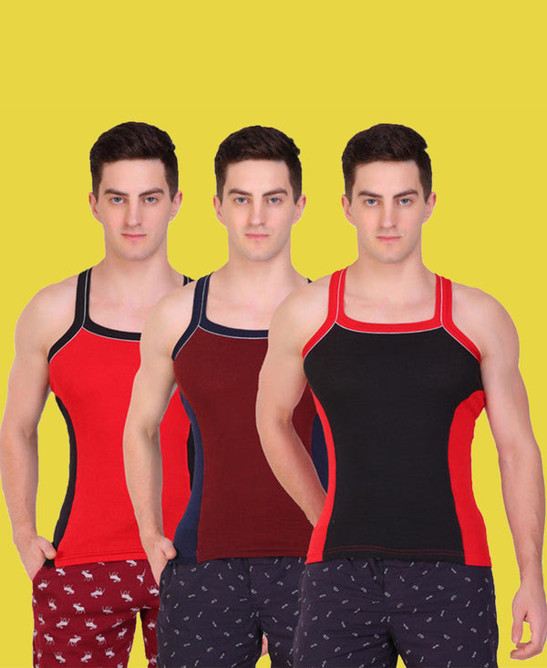 T.T. Men DesignerGym Vest Pack Of 3 Black-Red-Red-Black-Maroon-Navy