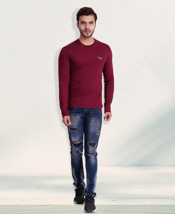 HiFlyers Men Round Neck Full Sleeve Solid Maroon T-Shirt