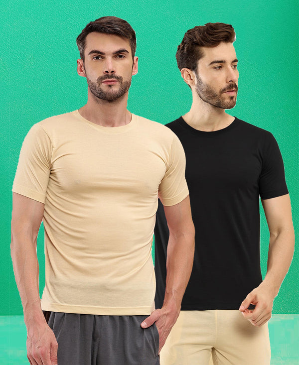 T.T. Men Slim Fit Poly Jersey Round Neck Half Sleeve T-Shirt Pack Of 2 Black-Skin