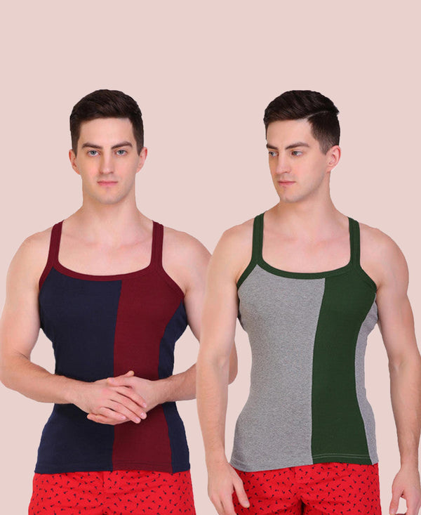 T.T. Men DesignerGym Vest Pack Of 2 Blue-Maroon -Grey Olive